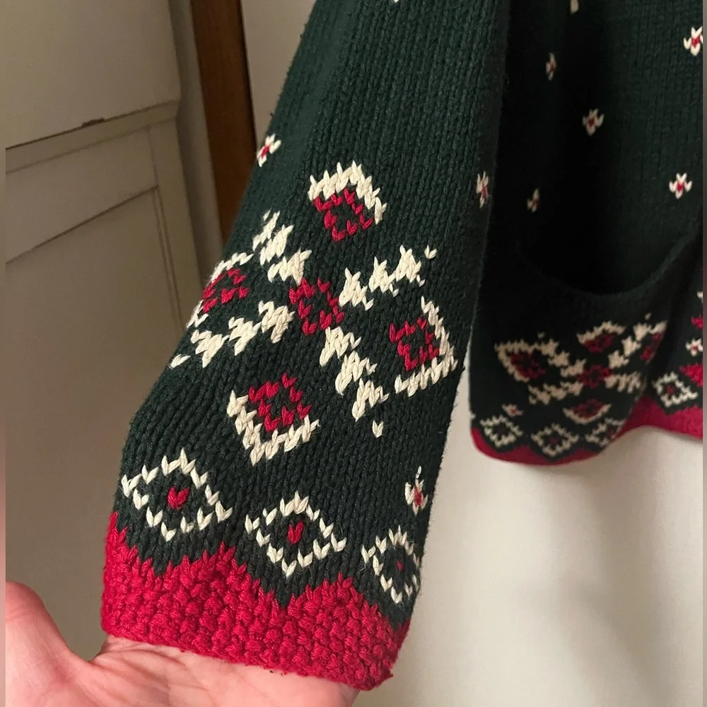 Vintage Talbots Hand Knit Holly Festive Green Red Women's Zip-Up Cardigan Med